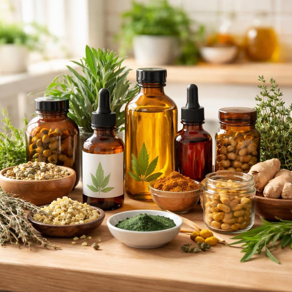 Alternative medicine range with herbal supplements and oils