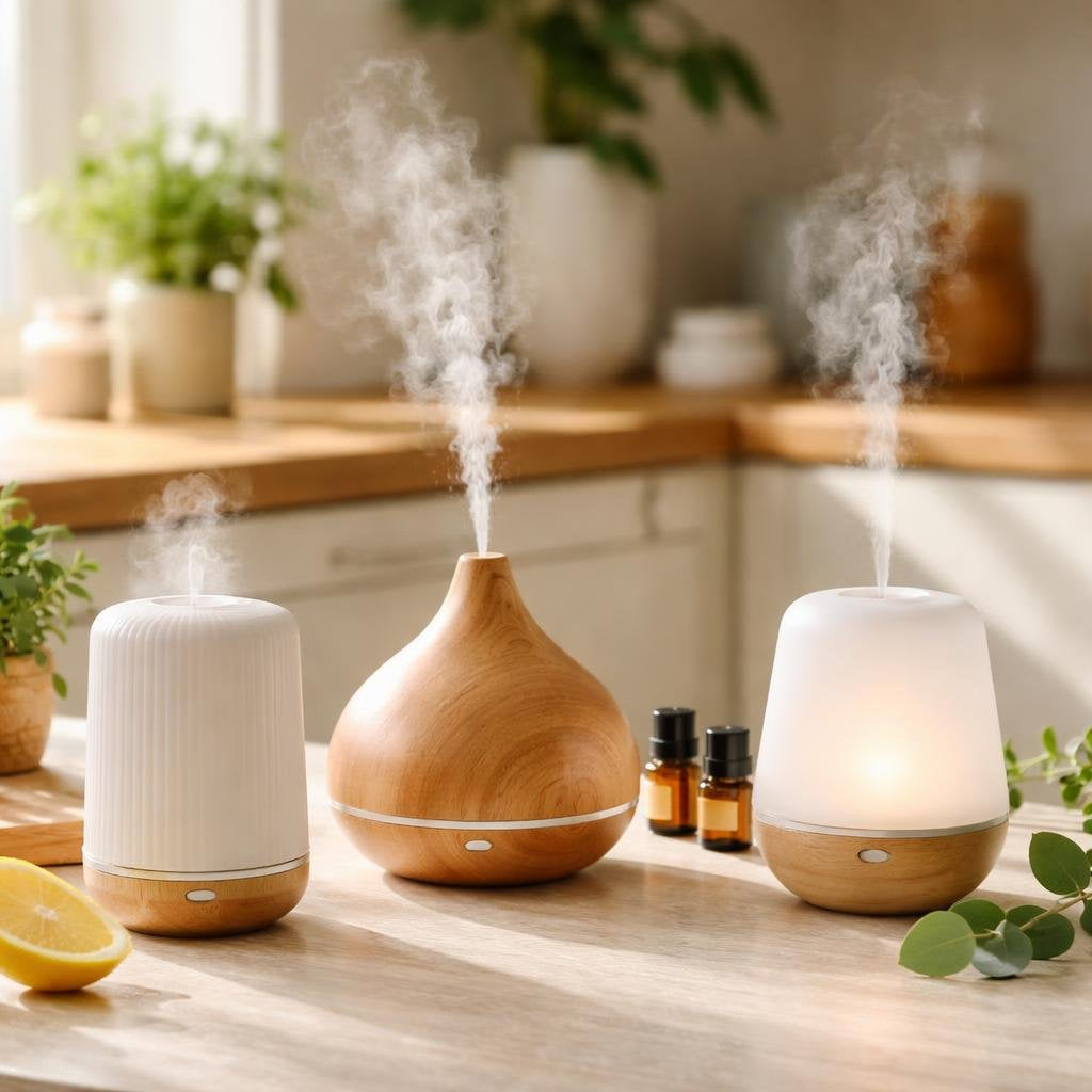 Aromatherapy diffuser releasing fine mist in a living room