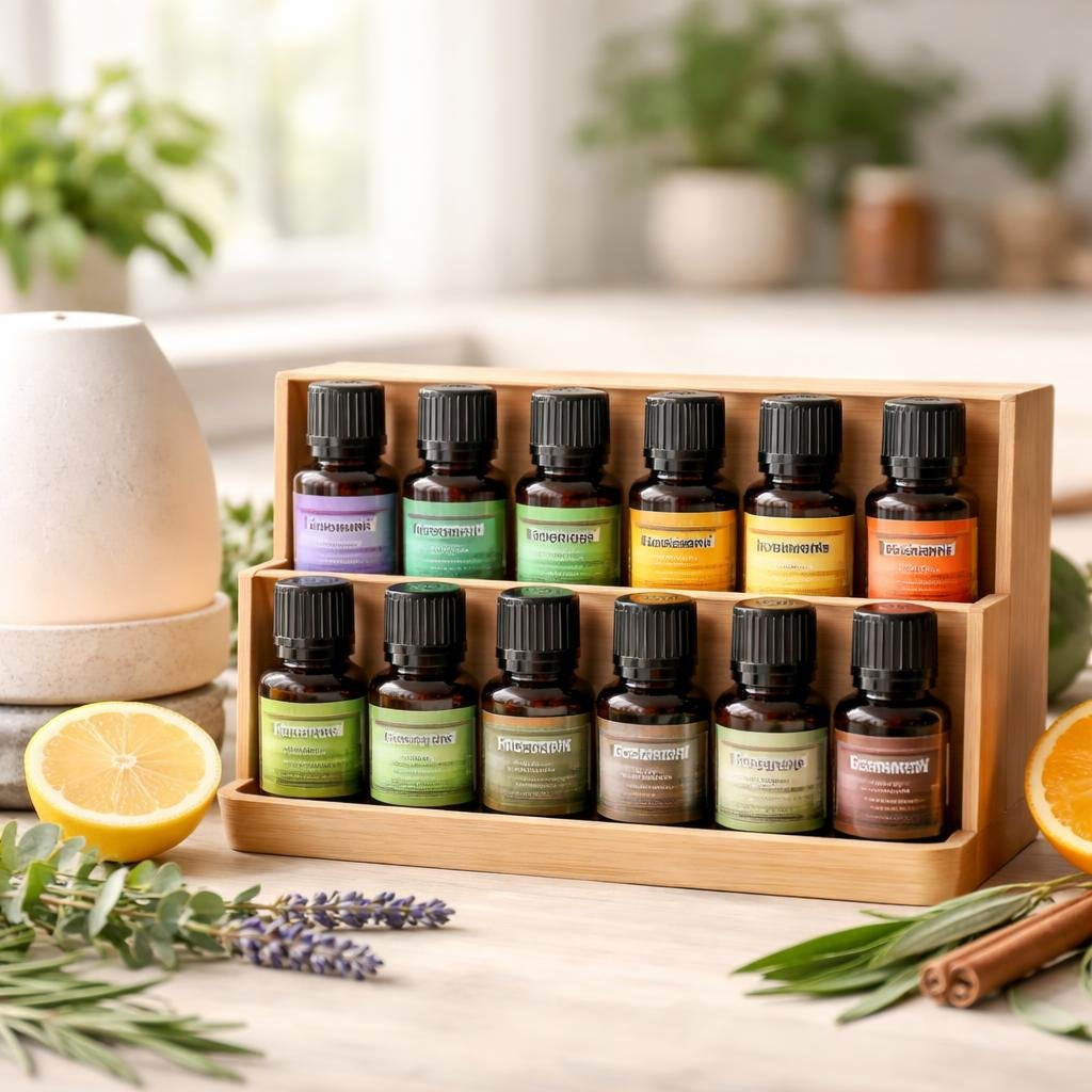 Curated essential oil set bottles for home aromatherapy
