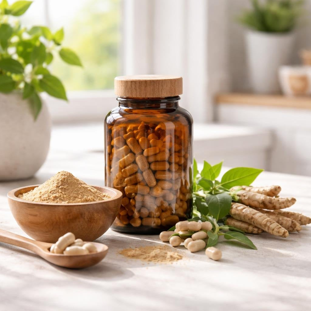 Ashwagandha capsules and herbal extract bottles on shelf
