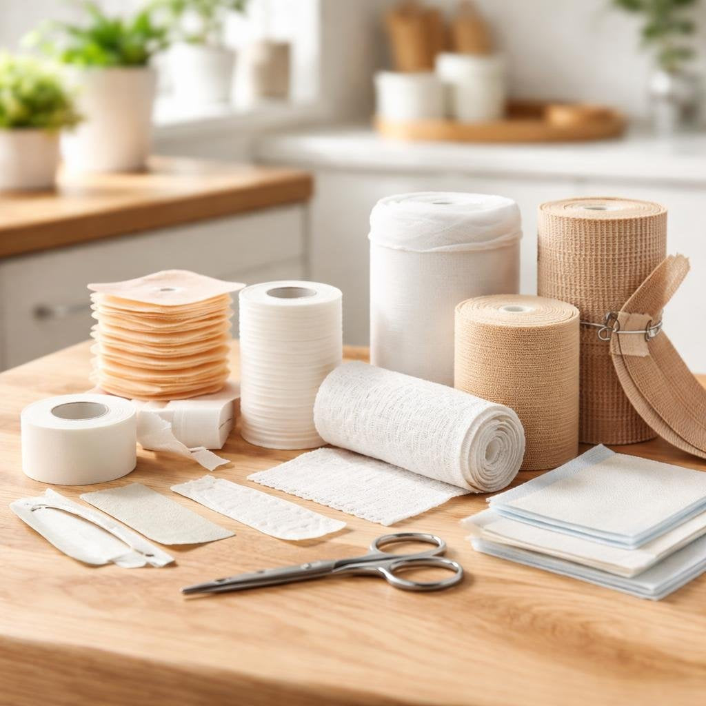 Assorted bandages, sterile pads and elastic support wraps