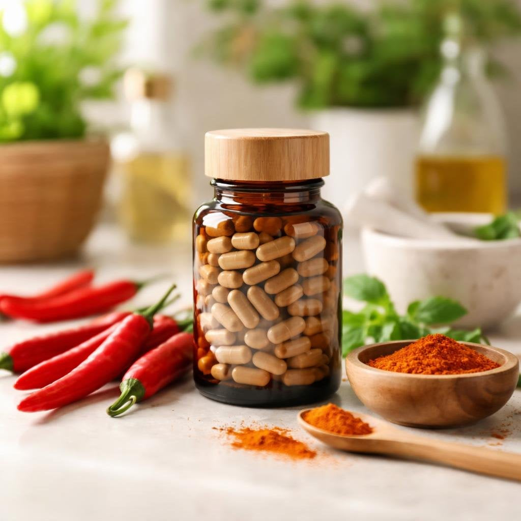 Cayenne herbal supplement capsules and powders collection