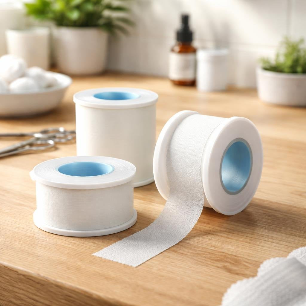 Rolls of first aid tape securing gauze dressings
