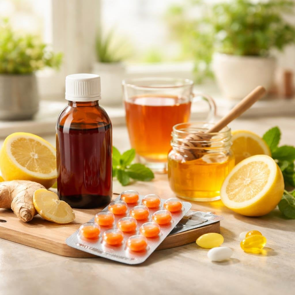 Cough syrup and throat lozenges for soothing comfort