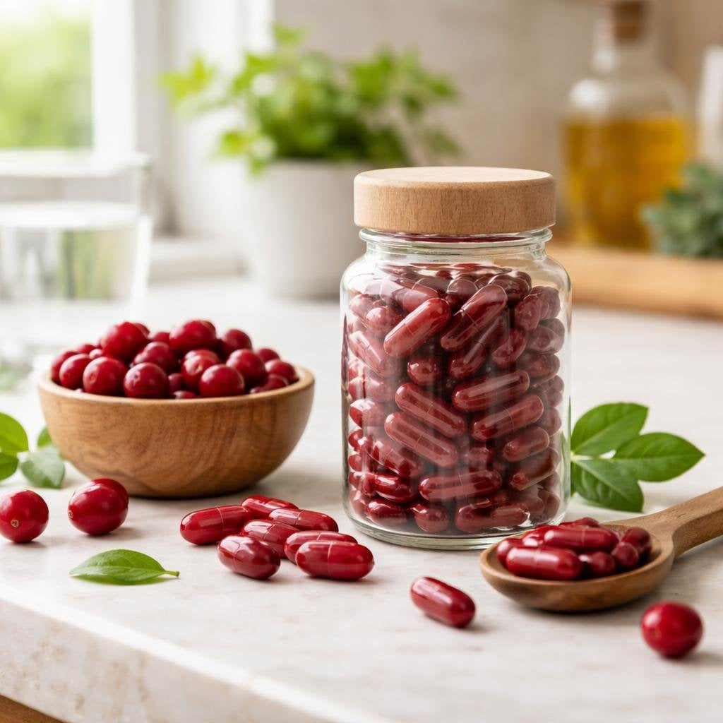 Cranberry herbal supplement capsules beside dried berries