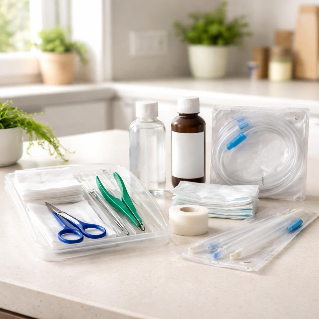 Tracheostomy care kit essentials organised for daily use