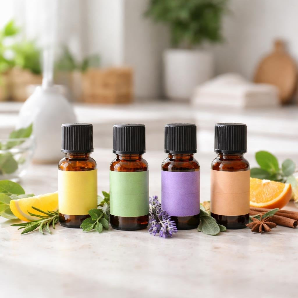 Assorted essential oil blend bottles for home diffuser use