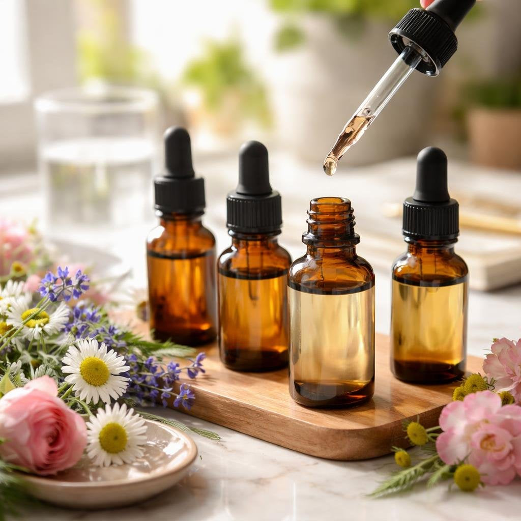 Flower essence dropper bottles for emotional wellbeing support