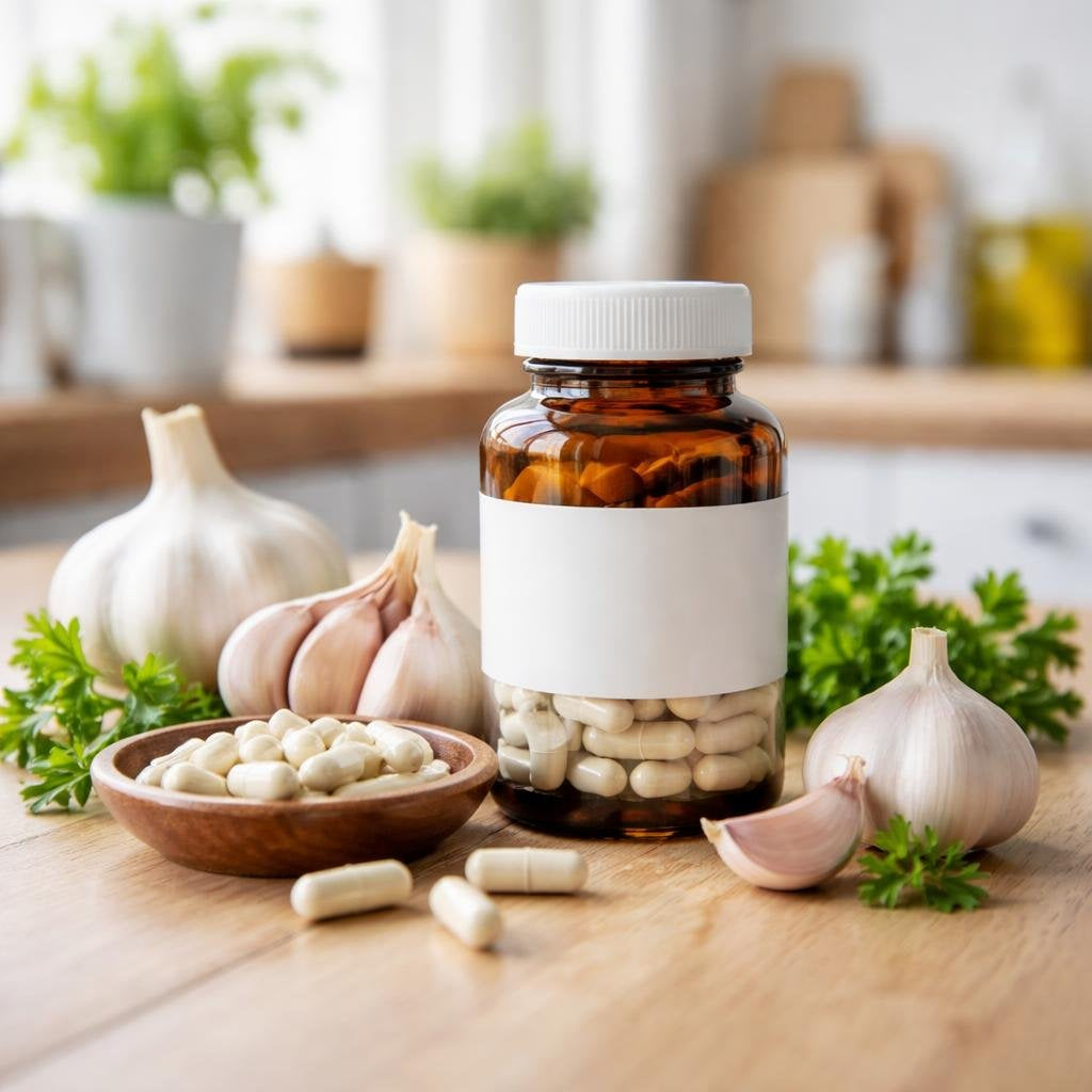 Odour-controlled garlic capsules in a labelled bottle