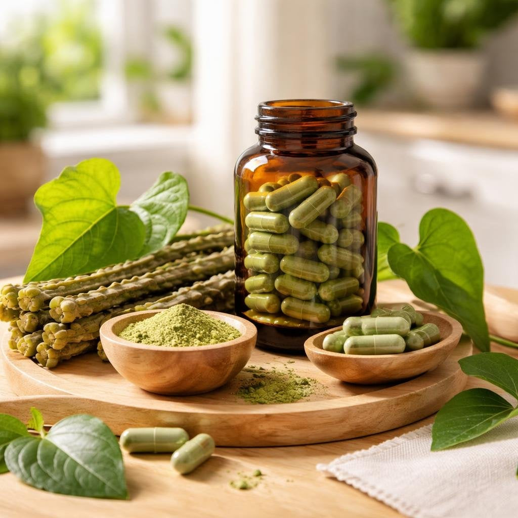 Giloy capsules and powder supplements on a minimal background