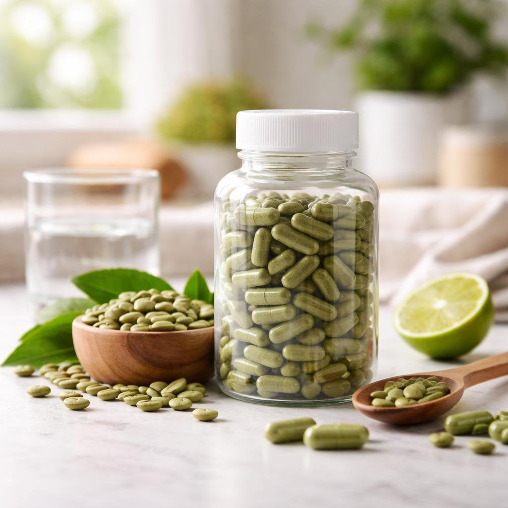 Green coffee bean extract capsules with clear serving details