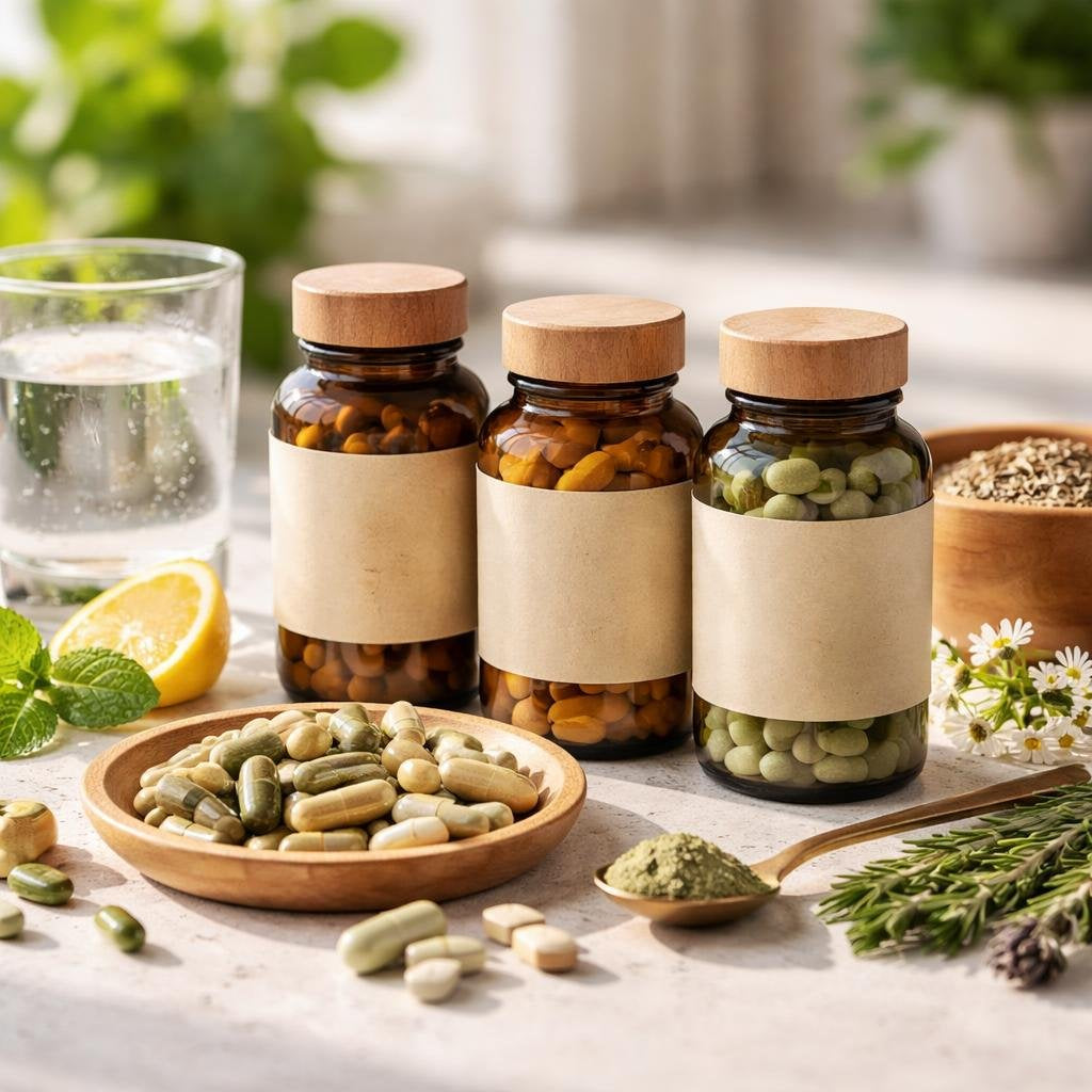 Herbal supplement bottles and capsules on a clean surface