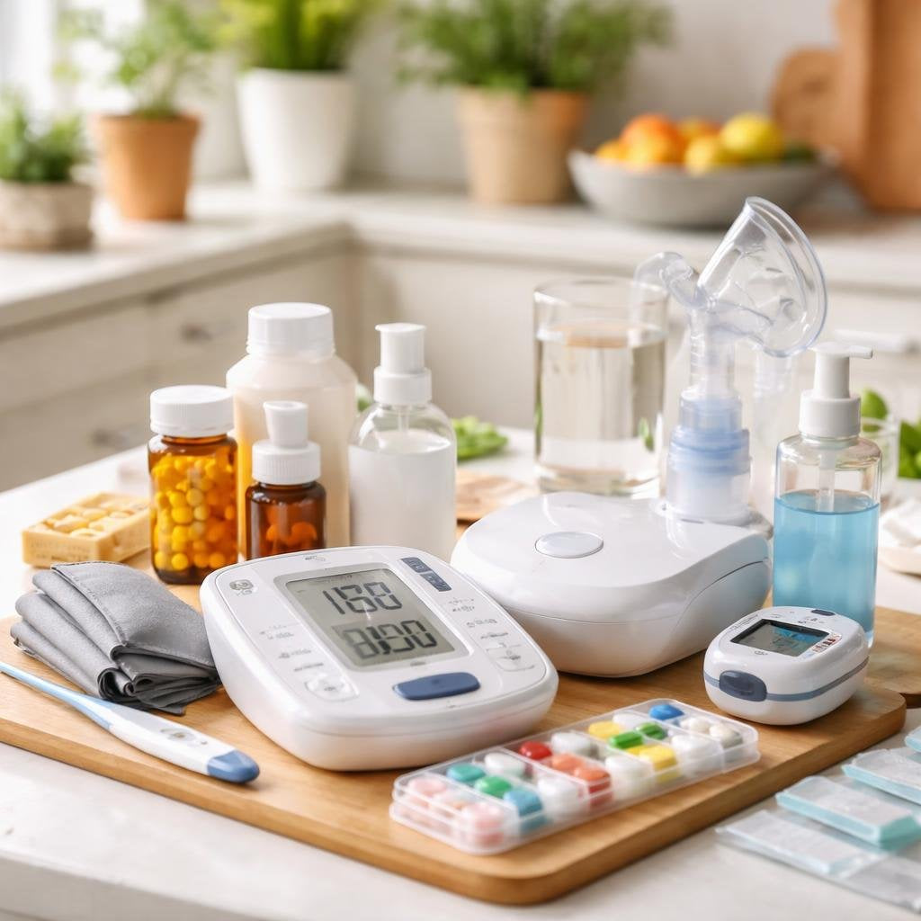 Home medical kit with thermometer and blood pressure monitor