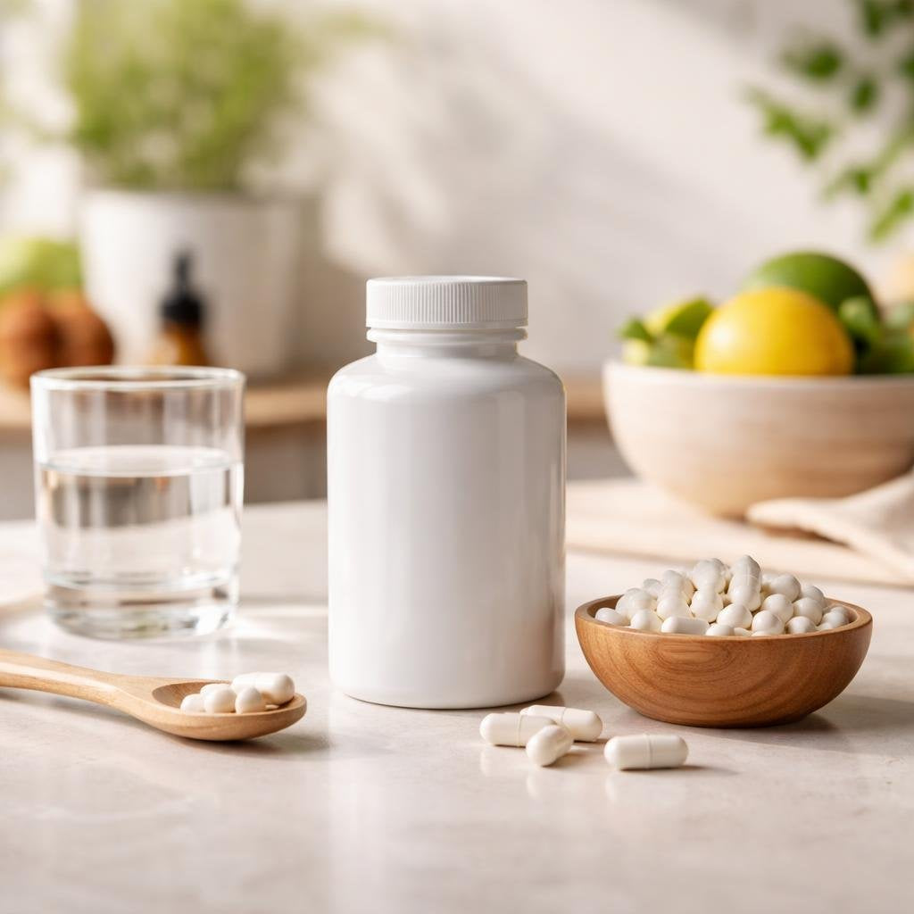 L-lysine capsules and bottle on clean background