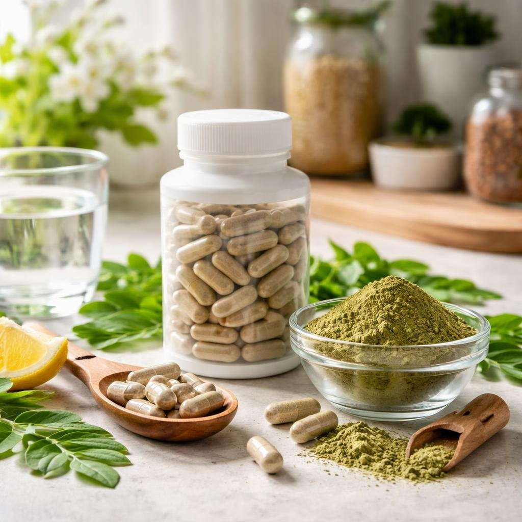 Moringa capsules and powder supplements on white background