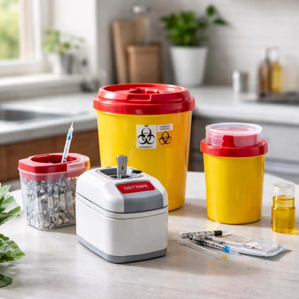 Needle destruction device and sharps container for safe disposal