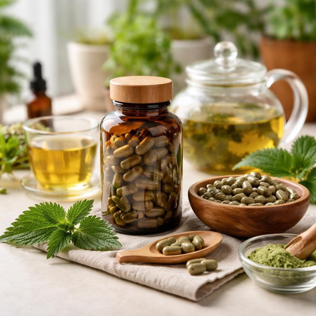 Nettle herbal supplement capsules with stinging nettle leaves