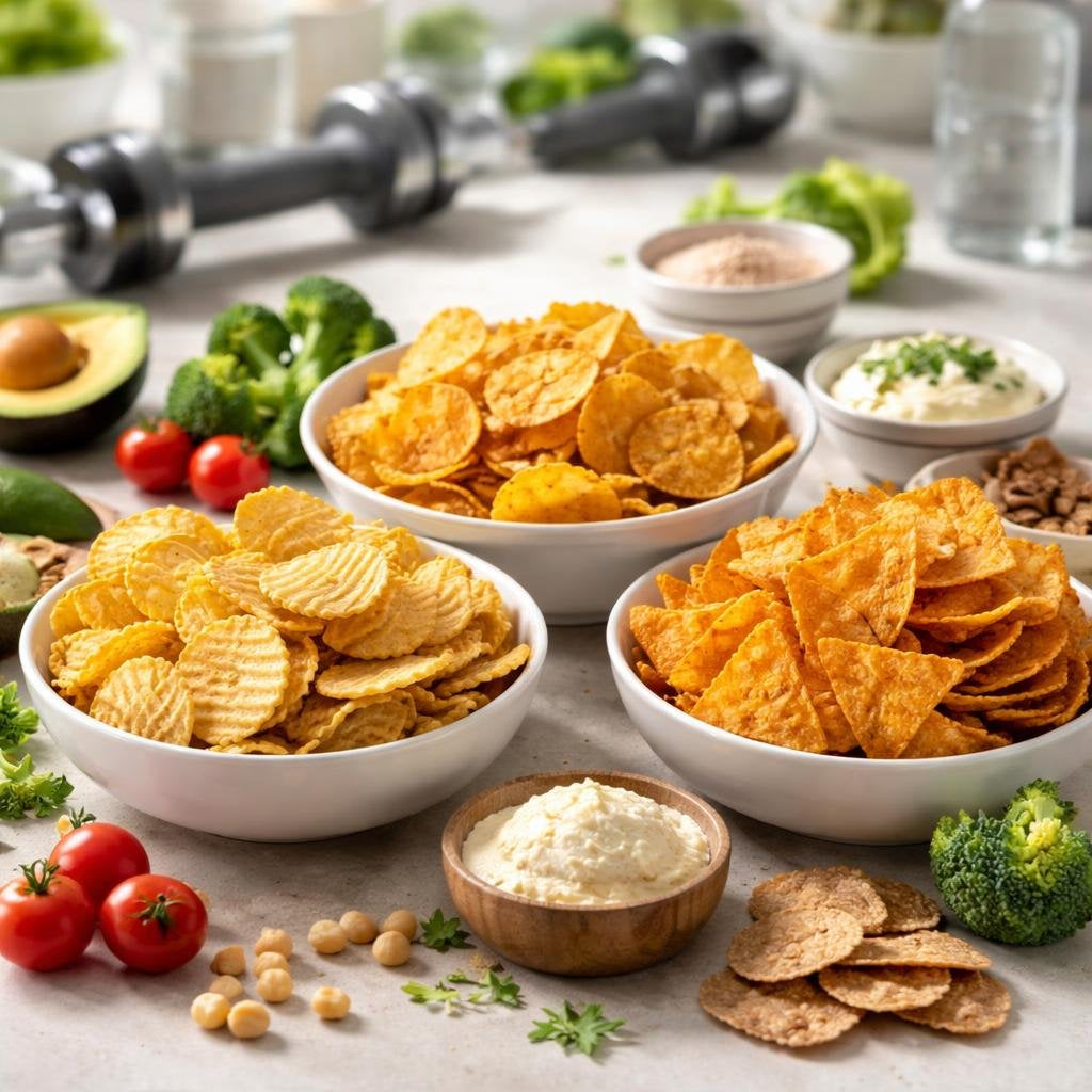 Performance nutrition protein chips and crisps assortment