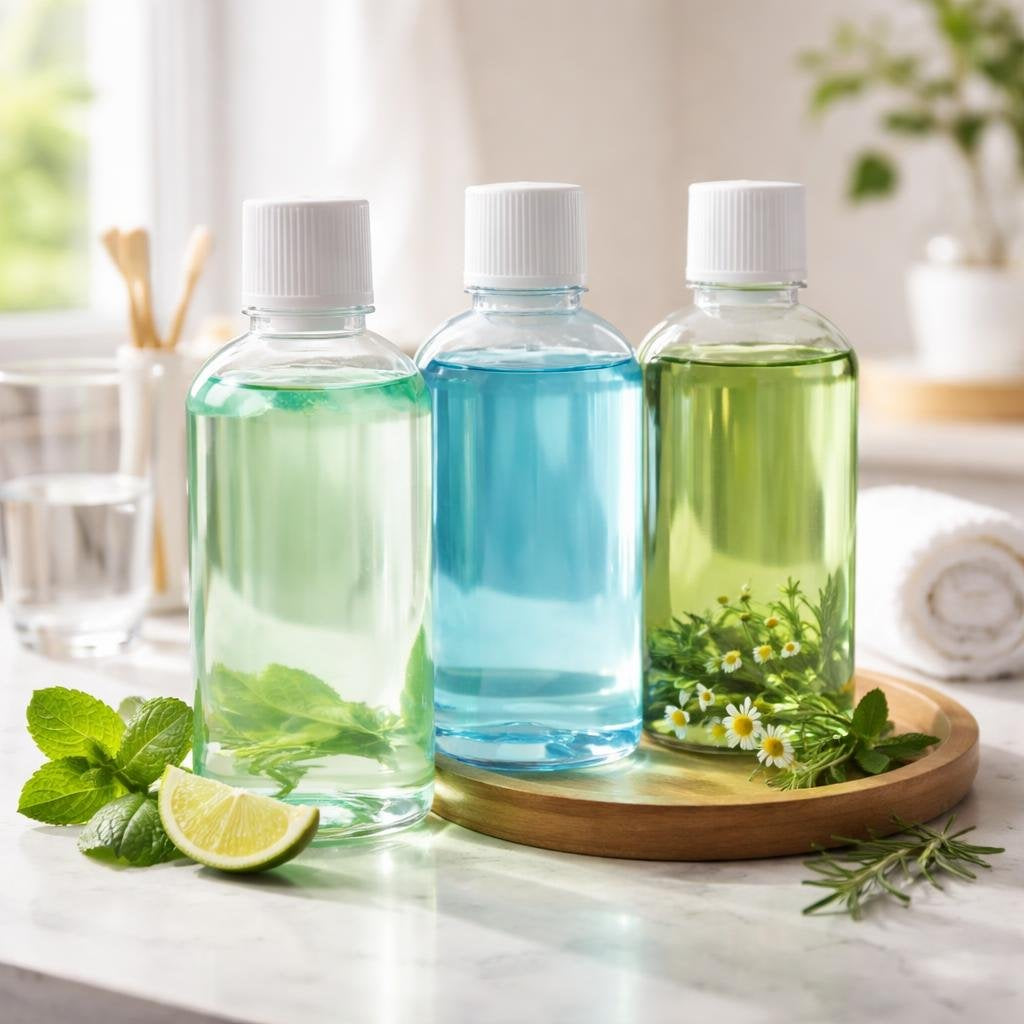 Assorted mouthwash bottles for fresh breath and gum care