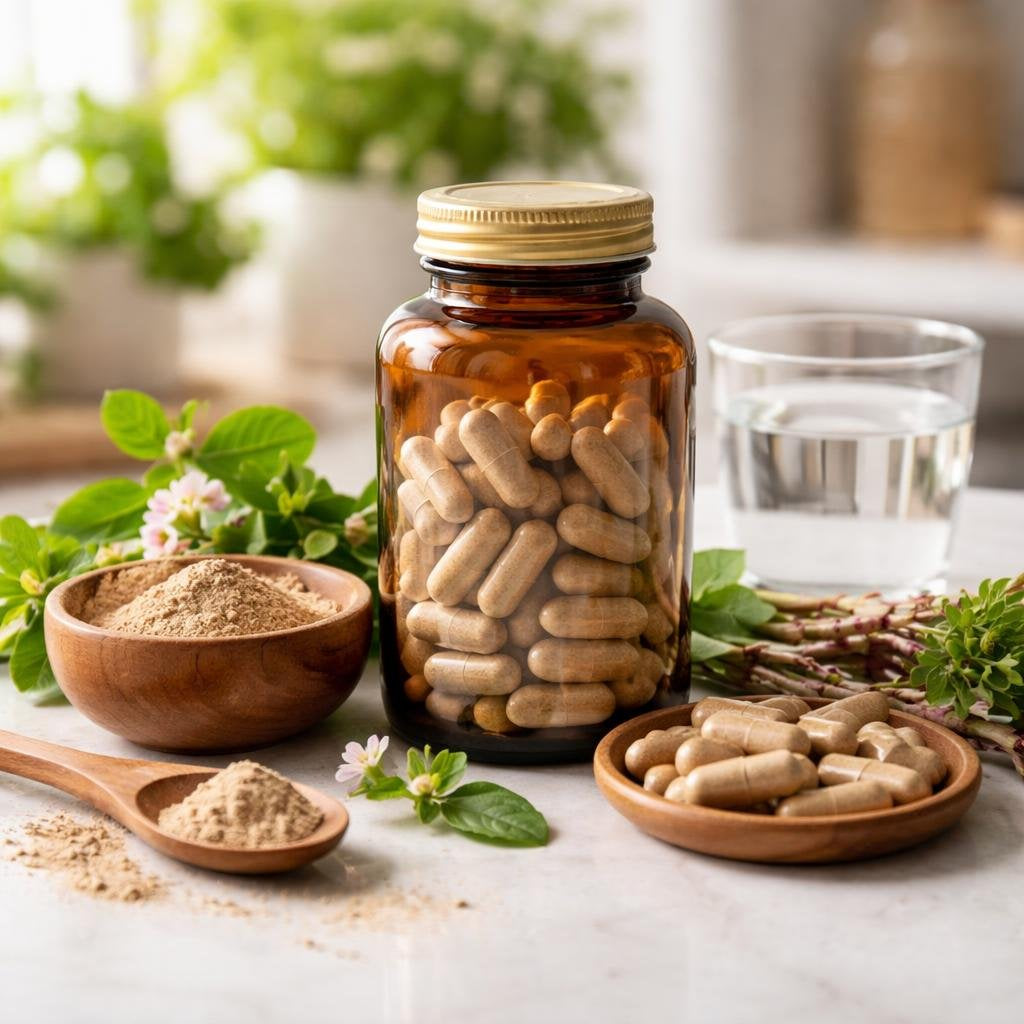 Punarnava supplement capsules and powder collection display