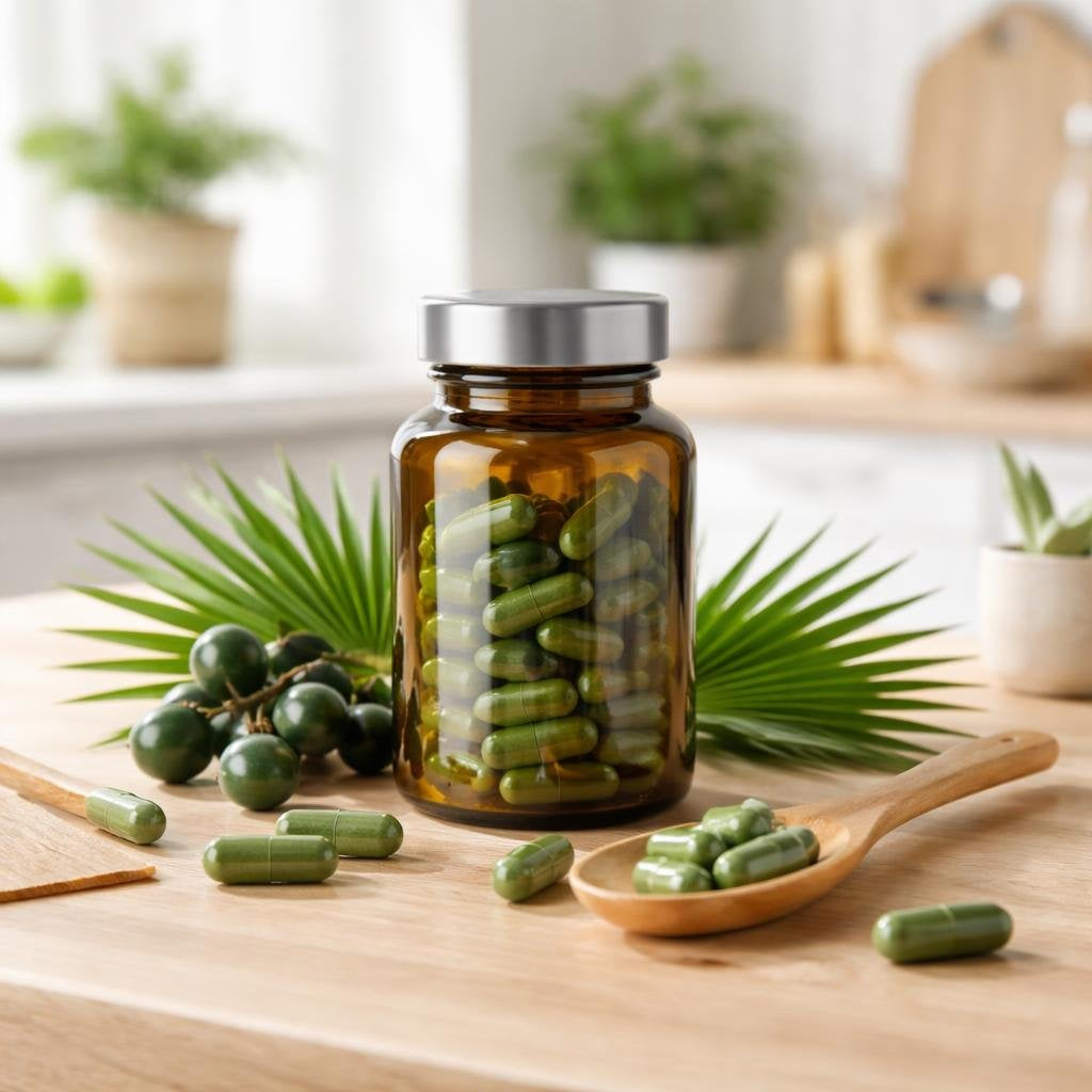 Saw palmetto supplement capsules in labelled bottles