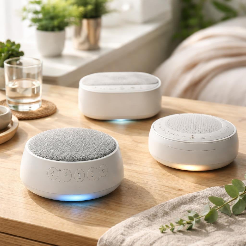 White noise sleep sound machine on bedside table