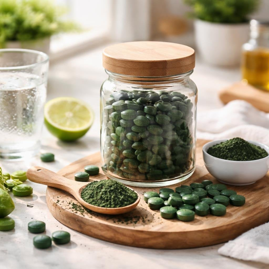 Spirulina capsules beside vibrant green powder on spoon
