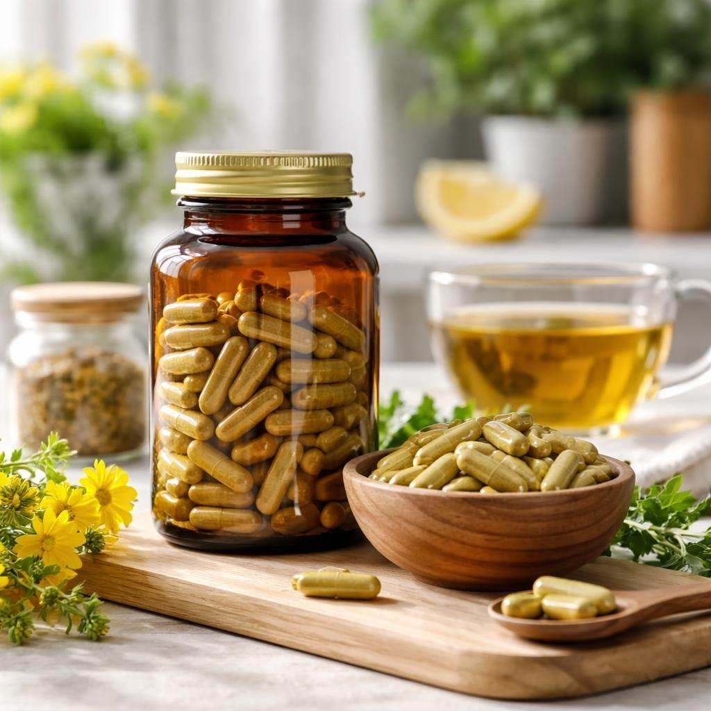 St. John’s Wort capsules with labelled supplement bottles