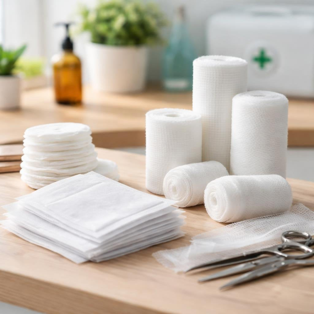Sterile gauze swabs and absorbent wound pads assortment