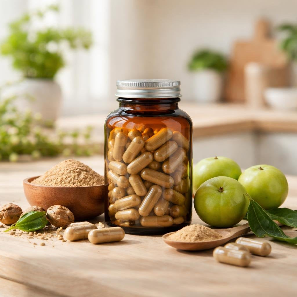 Triphala herbal capsules and powder for digestive routines