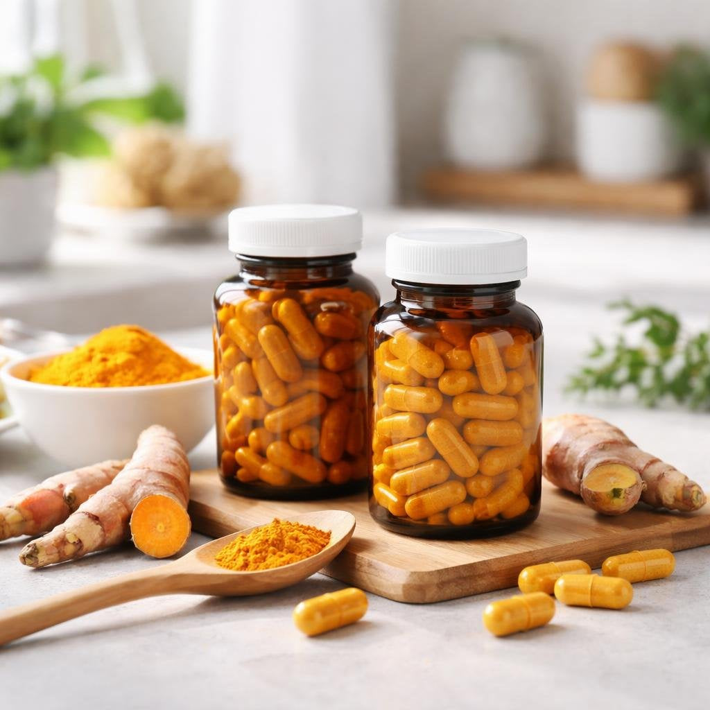 Turmeric herbal capsules with black pepper supplement bottles