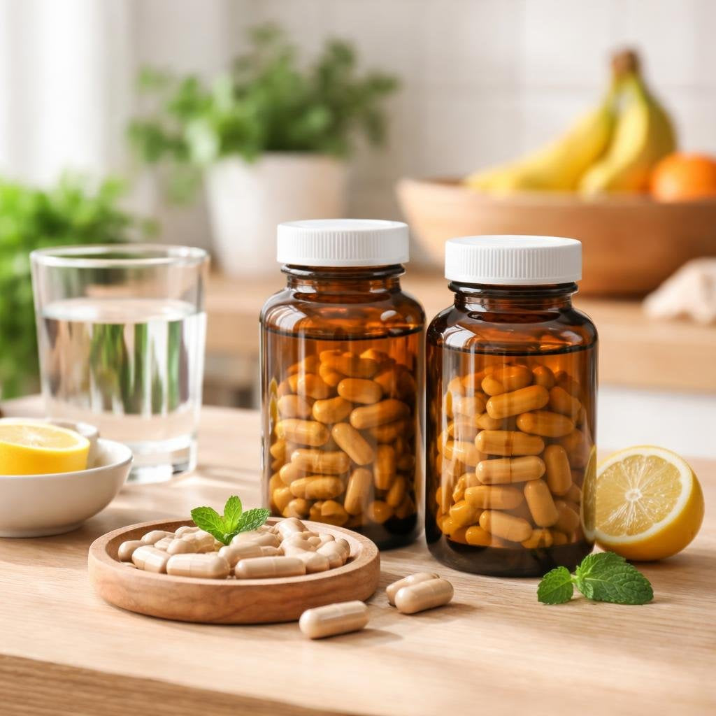 Vitamin B complex and B12 supplements in labelled bottles