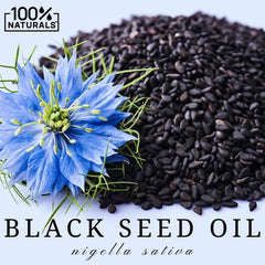 100% Naturals Black Seed Oil antioxidants graphic suggests freshness.