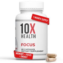 10X Health Focus bottle front view highlighting a memory and focus supplement.