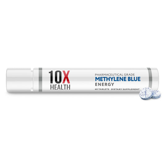 The 10X Health Methylene Blue bottle front supports convenient daily energy.