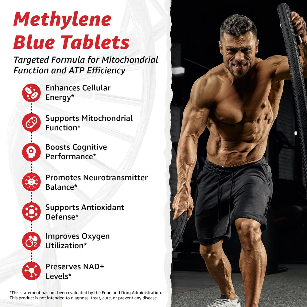 Closeup of the 10X Health Methylene Blue label highlights premium ingredients.