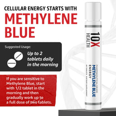 Closeup of a 10X Health Methylene Blue tablet reveals compact, portable format for on the go energy.