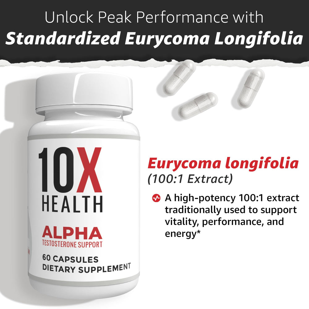 10X Health System Alpha bottle side-view with clear dosage information.