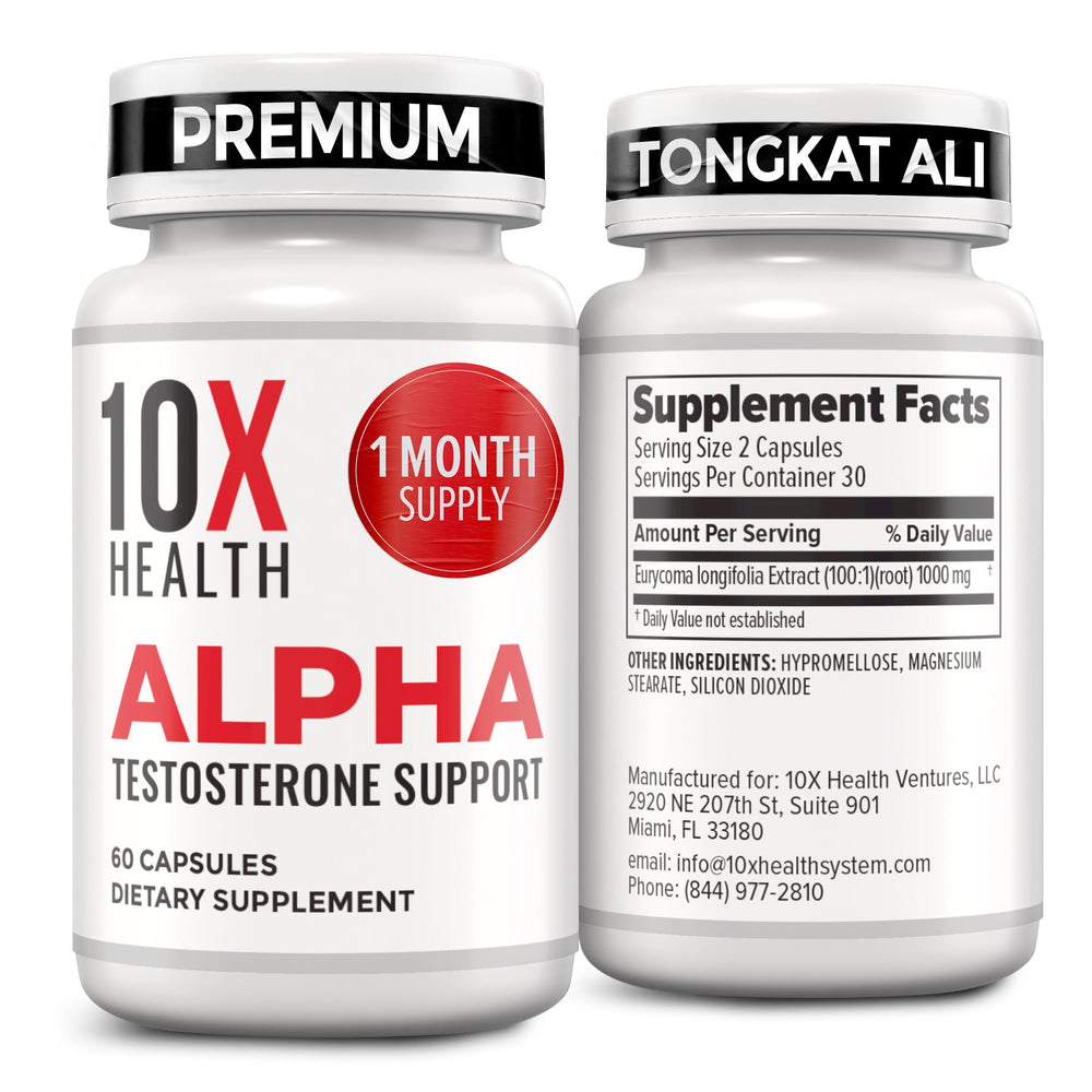 10X Health System Alpha bottle front showing testosterone support for men.
