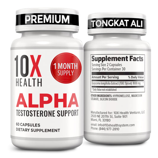 10X Health System Alpha bottle front showing testosterone support for men.