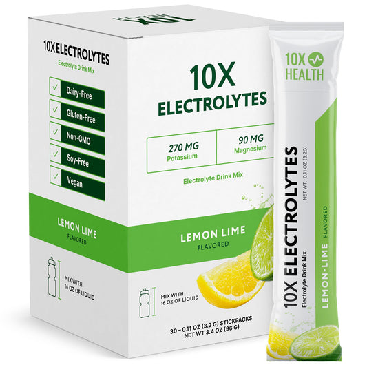 10X Health Electrolytes Lemon Lime stickpack ready for quick hydration on the go