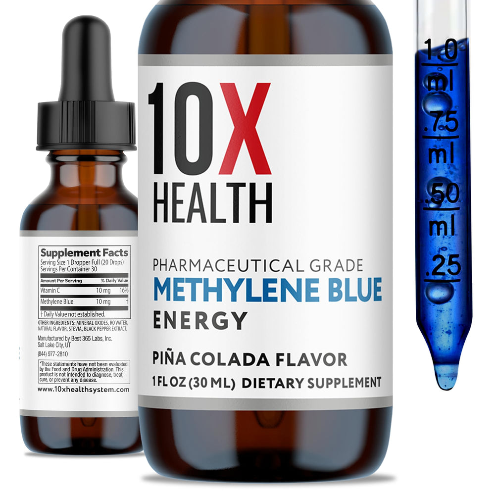 10X Health System Methylene Blue Drops bottle with label highlights energy support.