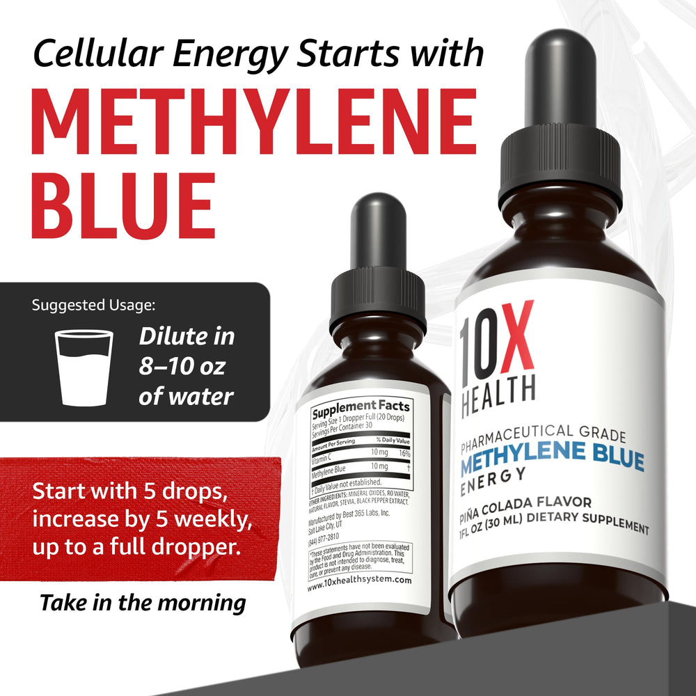 10X Health System Methylene Blue Drops Pina Colada flavor bottle.