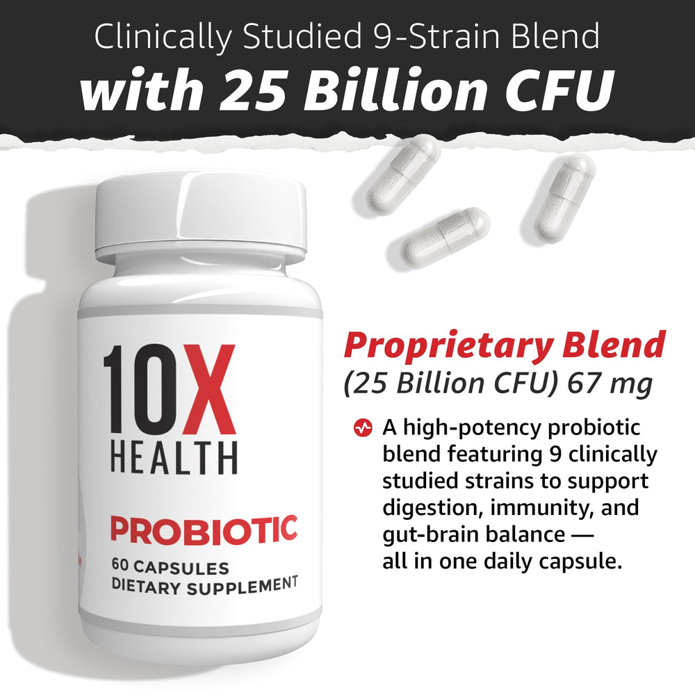 10x Health System Probiotics bottle pour demonstrates quick daily dosing.
