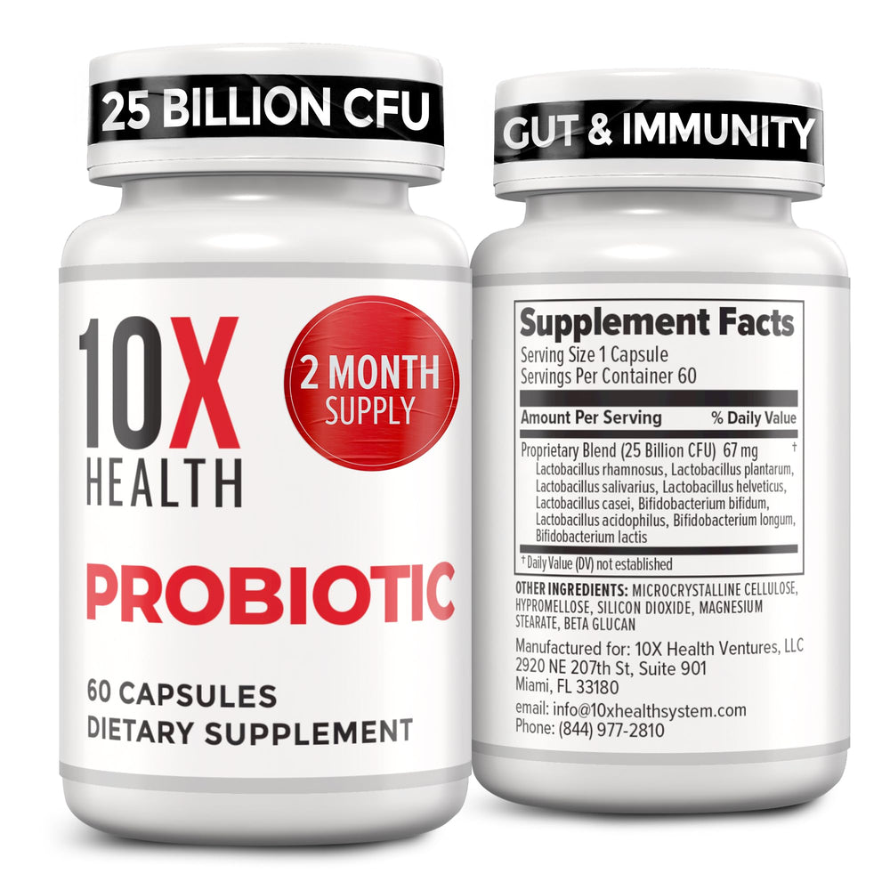 10x Health System Probiotics for Men bottle shows daily gut support.