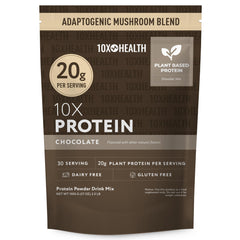 10X Health System vegan chocolate protein powder tub front, 20g protein per serving for muscle support.