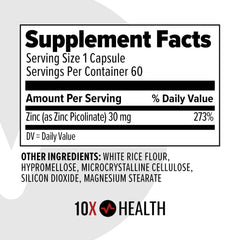 Close-up of 10X Health System zinc capsules highlighting easy swallowing and absorption