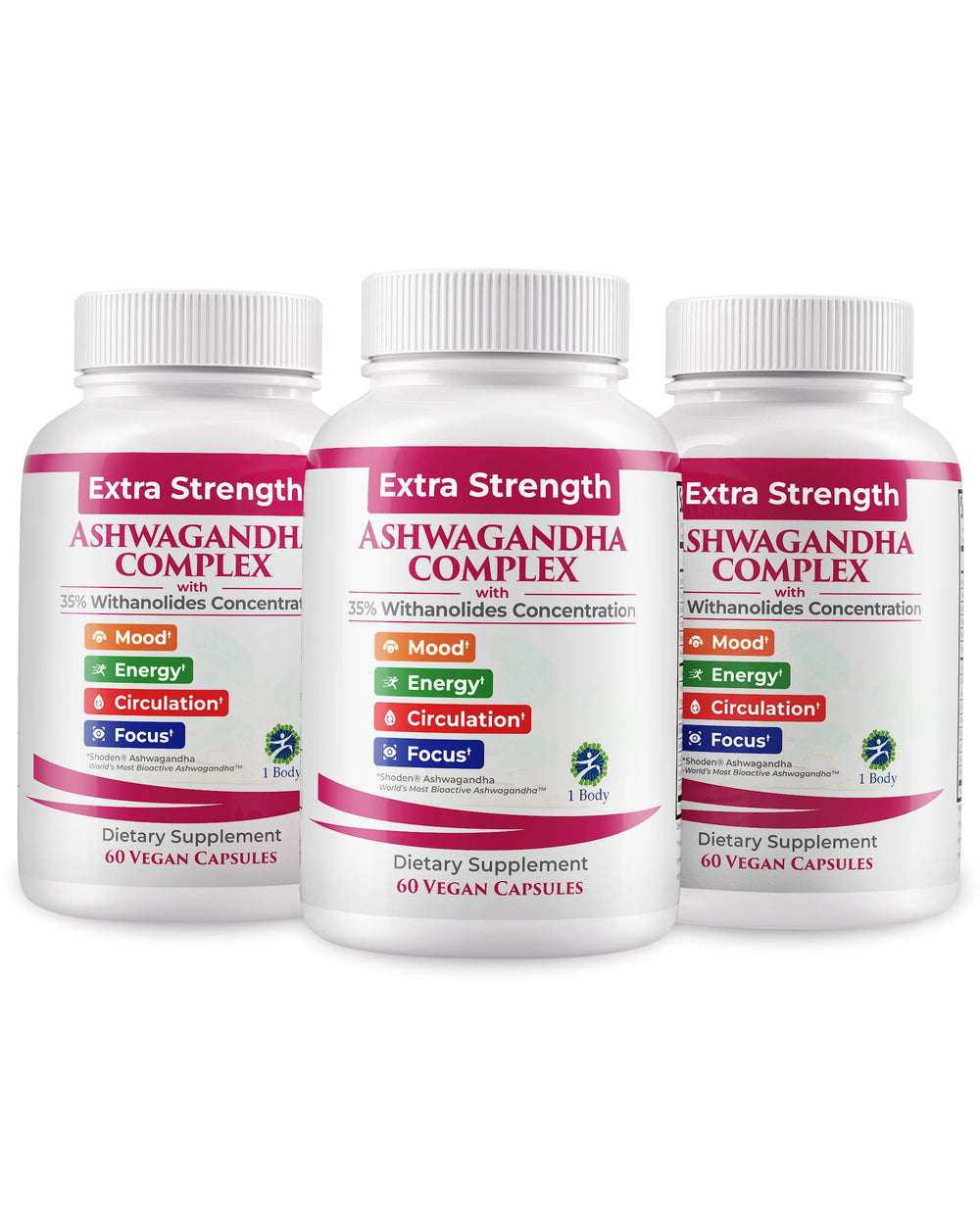 1 Body Ashwagandha Complex bottle front for focus and daily energy support.