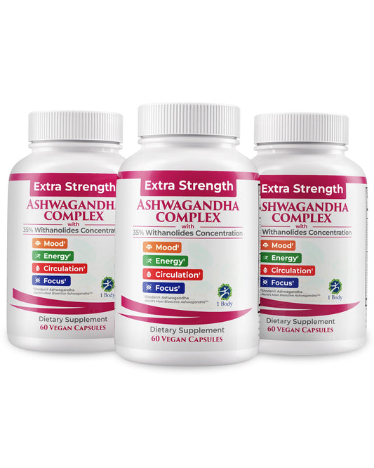 1 Body Ashwagandha Complex bottle front for focus and daily energy support.