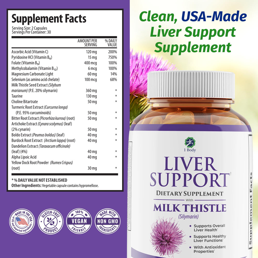1 Body bottle milk-thistle label highlights antioxidant-inspired benefits and clean formulation.